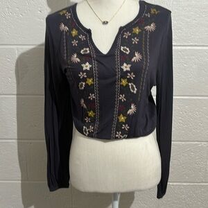 Revolt Jeans Youth In Revolt Navy Embroidered Cropped Peasant Top